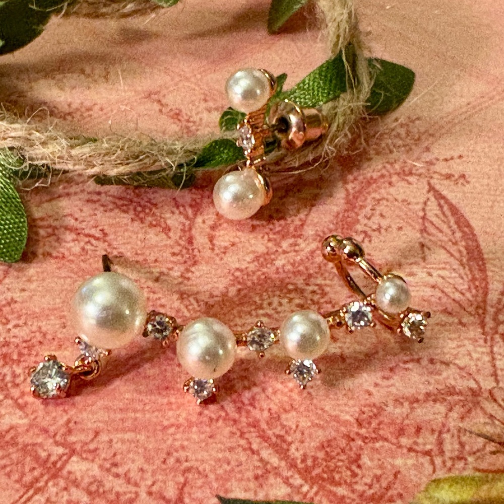 Sparkling Gold Copper Color Pearl & Clear Crystals Ear Cuff 2 Piece Set